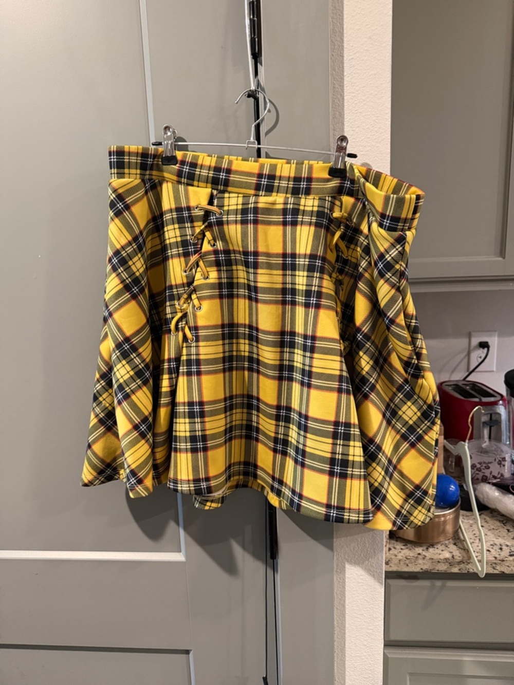 Hot Topic Yellow & Black Plaid Lace-Up Circle Skirt